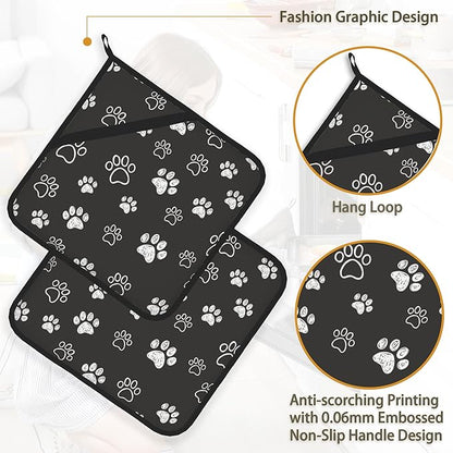 Cute Cat Dog Paw Pot Holder Set of 2,Heat Resistant Potholders Oven Hot Pads for Kitchen Cooking Baking BBQ