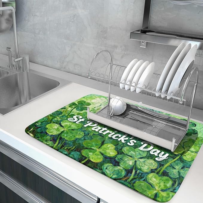 St Patricks Day Lucky Clover Dish Drying Mat for Kitchen Counter 18x24 Green Shamrock Happy Holiday Theme Absorbent Reversible Microfiber Drying Mats Kitchen Countertop Protector Dishes Drainer Pad - Image 5