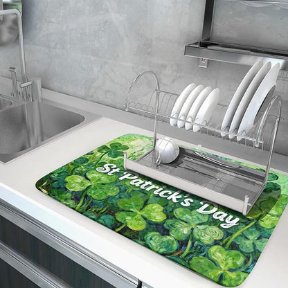 St Patricks Day Lucky Clover Dish Drying Mat for Kitchen Counter 18x24 Green Shamrock Happy Holiday Theme Absorbent Reversible Microfiber Drying Mats Kitchen Countertop Protector Dishes Drainer Pad - Image 5