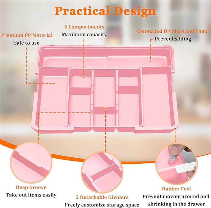 Spaclear Large Utensil Drawer Organizer Expandable Silverware Organizer for Kitchen Drawer Adjustable Cooking Utensil Holder Cutlery Flatware Tray Spatula Tools Gadgets Storage Dividers Plastic Pink - Image 7