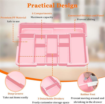 Spaclear Large Utensil Drawer Organizer Expandable Silverware Organizer for Kitchen Drawer Adjustable Cooking Utensil Holder Cutlery Flatware Tray Spatula Tools Gadgets Storage Dividers Plastic Pink - Image 7