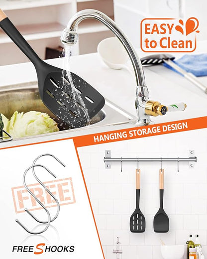 Pack of 2 Silicone Spatula, Non Stick Cooking Utensil Set Wooden Handle Kitchen Turner for Baking Mixing Grilling Serving Food Heat Resistant Non Scratch Hooks Included (Black) - Image 4