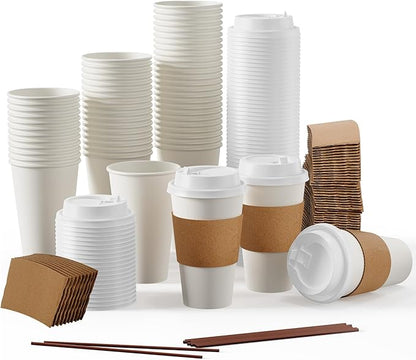 JOLLY PARTY [50 Pack] 16 oz Paper Coffee Cups, Disposable Paper Coffee Cup with Lids, Sleeves, and Stirrers, Hot/Cold Beverage Drinking Cup for Water, Juice or Tea, Suitable for Home, Shops and Cafes by JOLLYPARTY