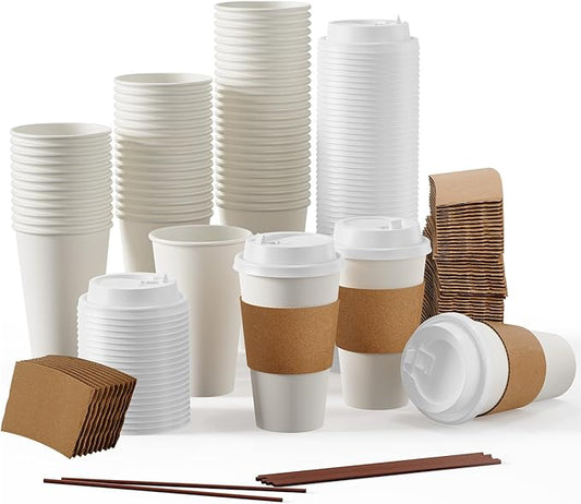JOLLY PARTY [50 Pack] 16 oz Paper Coffee Cups, Disposable Paper Coffee Cup with Lids, Sleeves, and Stirrers, Hot/Cold Beverage Drinking Cup for Water, Juice or Tea, Suitable for Home, Shops and Cafes by JOLLYPARTY