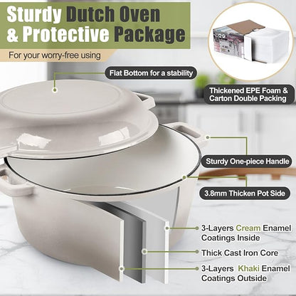 P&P CHEF 5Qt Dutch Oven Pot for Bread Baking (Khaki), 2 In 1 Round Cast Iron Dutch Oven with Lid Set, Skillet & Pot for Roasting Braising Stewing Frying Simmering, Multi Stoves & Oven Safe - Image 3
