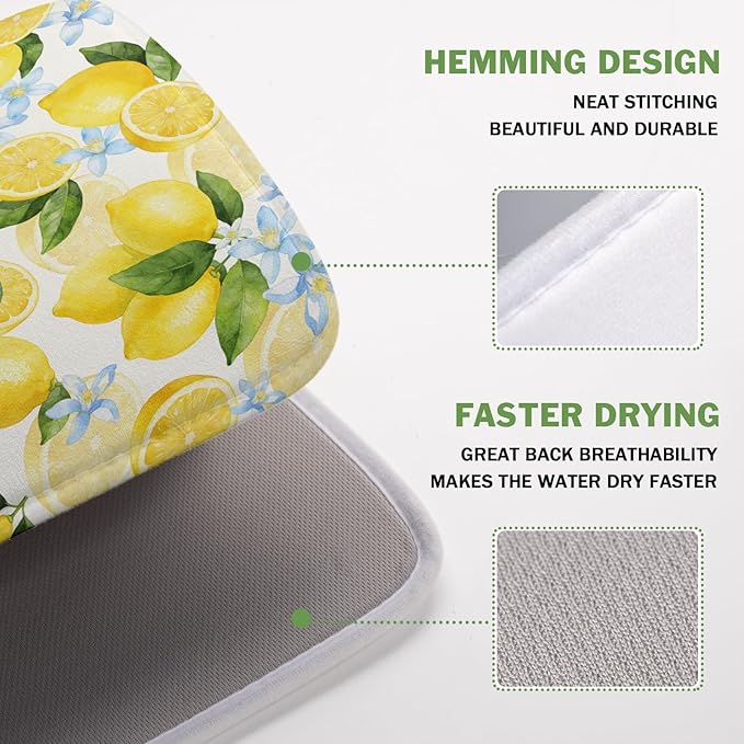 Kawani Lemon Dish Drying Mat 16x18 Inch Absorbent Reversible Spring Summer Drying Mat Floral Lemon Fruits Dish Drying Rack Mat Yellow Summer Themed Dish Drainer Mat for Kitchen Counter Coffee Bar