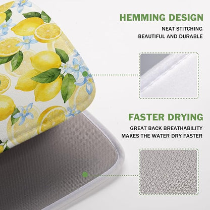 Kawani Lemon Dish Drying Mat 16x18 Inch Absorbent Reversible Spring Summer Drying Mat Floral Lemon Fruits Dish Drying Rack Mat Yellow Summer Themed Dish Drainer Mat for Kitchen Counter Coffee Bar