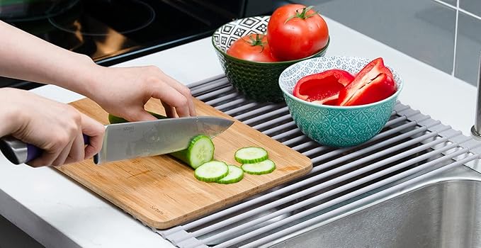Surpahs 20.5 x 15.5 Inch Roll-Up Dish Drying Rack, Fits Across Sink Openings up to 19.5 Inches, Heavy-Duty Premium Silicone, Strong Support, Non-Slip, Heat-Resistant, Warm Gray - Image 6