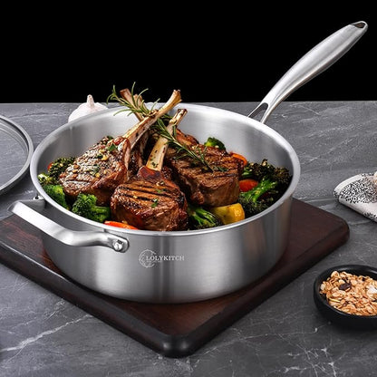 LOLYKITCH 5 QT Tri-Ply Stainless Steel Sauté Pan,12 Inch Deep Frying Pan with Lid,Large Skillet,Jumbo Cooker,Induction Cooking Pan,Dishwasher and Oven Safe. - Image 4