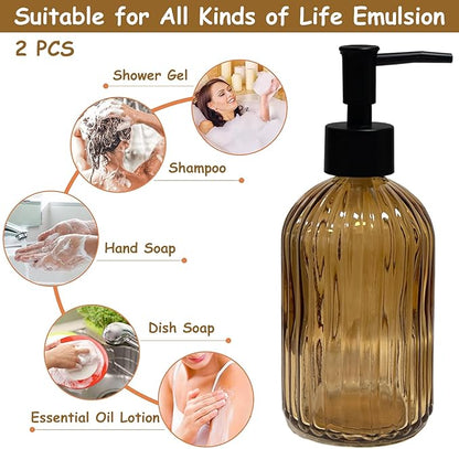 Brown Glass Soap Dispenser Set with Black Pump, 13.5oz Refillable Liquid Hand Dispenser, Vertical Stripe Lotion Dish Soap Dispenser for Modern Home Decor, Bathroom, Kitchen Countertop, Hotel(2 Pack)
