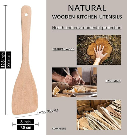 2PCS Wooden Spatulas for Cooking,12.8inch Uncoated Beech Wood Turners for Frying,Non-Scratch Wood Bevel Spurtle for Pan & Wok,Wooden Cooking Utensils for Non Stick Cookware,Long Handle Scraper - Image 2