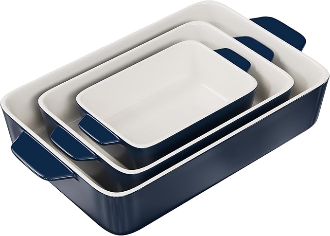 Kook Casserole Dish, Ceramic Baking Dish, Large Lasagna Pan Deep for Oven, 8.5 x 14, 11 x 7, 8 x 5, Set of 3, 92oz, 50oz, 20oz, Baking Pan with Handles, Oven Safe and Durable, Home, Gift, (Navy) - Image 2