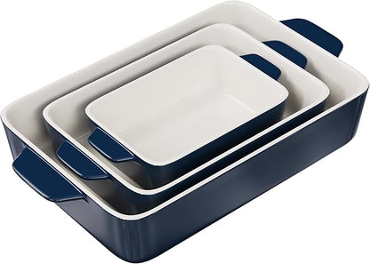 Kook Casserole Dish, Ceramic Baking Dish, Large Lasagna Pan Deep for Oven, 8.5 x 14, 11 x 7, 8 x 5, Set of 3, 92oz, 50oz, 20oz, Baking Pan with Handles, Oven Safe and Durable, Home, Gift, (Navy) - Image 2