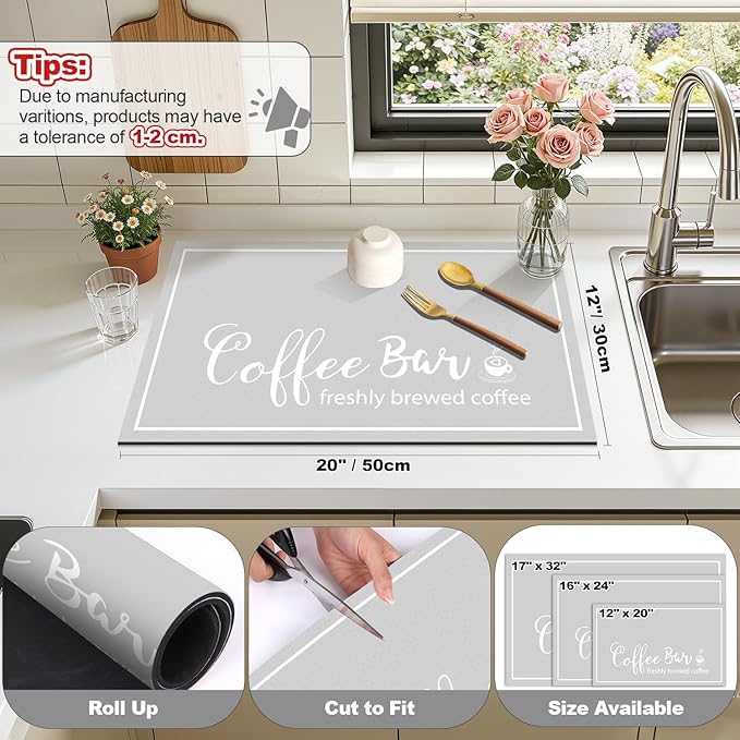 Findosom Dish Drying Mat, 12"x 20" Super Absorbent & Hide Stain Coffee Mat, Cuttable Drying Mat for Kitchen Counter, Coffee Bar Accessories, Under Dish Rack, Coffee Maker, Espresso Machine, LightGrey - Image 2
