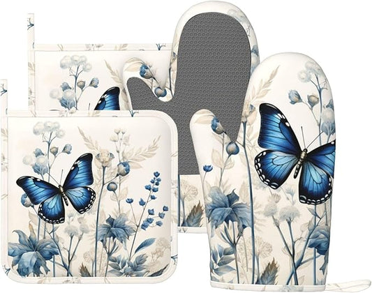Oven Mitts and Pot Holders Butterfly Blue Flower Boho Silicone Kitchen Accessories Set of 4 Heat Resistant Long Gloves Potholder Non-Slip Grip for Chef Cooking Baking Grilling BBQ