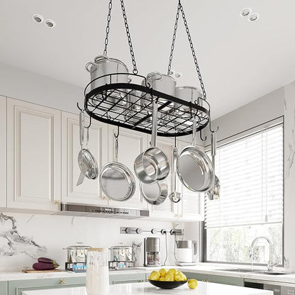 24.4” Metal Pot Rack Hanging, Oval Pan Rack Hanging with Hooks, Heavy Duty Ceiling Pot Rack with Grid, Pot and Pan Hangers for Kitchen Cookware Utensils Toiletries, Easy Assembly, Black