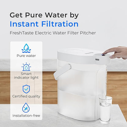 Waterdrop ED06W Electric Water Filter Pitcher with 4 Filters, FreshTaste Rechargeable Dispenser, 17-Cup Instant Countertop Purifier, Reduce Chlorine, Lead, Copper, Purify, Soften Water, White