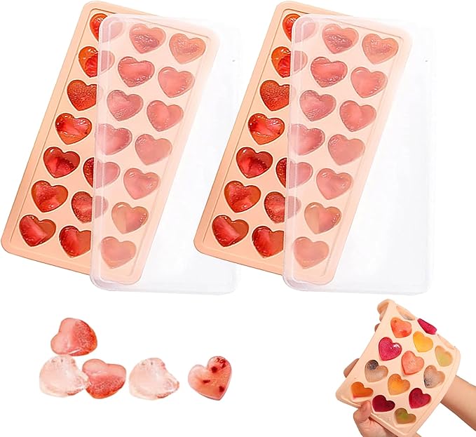2 Pack Heart-Shaped Ice Cube Trays - 42 Holes Silicone Heart Ice Cube Tray with Lid, BPA Free and Dishwasher Safe, Mini Heart Shape Ice Cube Mold, Easy to Remove (2 Pack Pink)