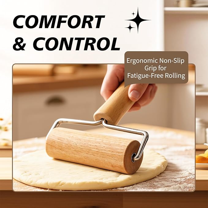 Pizza Rolling Pin Small Rolling Pin Wooden Dough Roller Non Stick Pizza Dough Roller for Baking Pastry Tortilla Cookie Dumpling Rolling Pins for Baking (TH-Style)