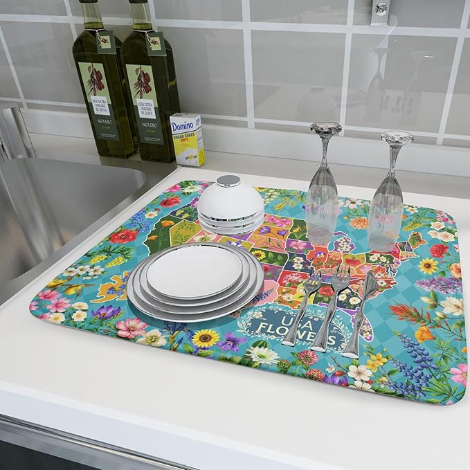 Flower Map Dish Drying Mat Colorful Floral Microfiber Large Dish Drying Pad for Kitchen Counter 18 X 24 In - Image 6
