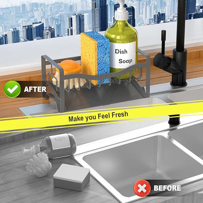 Maifan Stainless Steel Kitchen Sink Caddy Organizer with Auto Drain Tray, Sponge Holder for Countertop Storage Dark Gray - Image 6