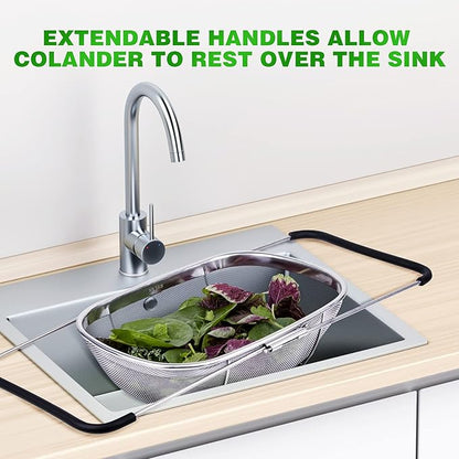 Tiawudi 6-Quart Large Over The Sink Colander, Heavy Duty 40% Thicker 18/8 Stainless Steel Fine Mesh Strainer Basket with Expandable Rubber Grip Handles - Strain, Drain, Rinse Fruits, Vegetables - Image 6