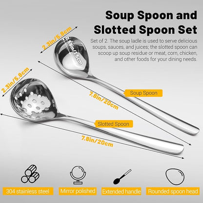 2Pcs Small Ladle and Slotted Spoon, Heavy Duty 304 Stainless Steel Gravy Ladle Mini Soup Ladles for Serving, Skimmer Strainer Spoon with Holes, Silver