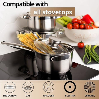 Daniks Standard 7 Quart Stainless Steel Stock Pot with Glass Lid, Tri-Ply Bottom for Even Heating, Induction Compatible, Dishwasher Safe, Built-In Measuring Scale, Silver