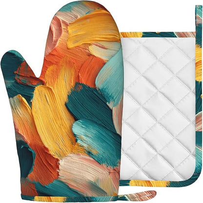 Abstract Oil Painting Heat-Resistant Oven Mitts and Pot Holder Kitchen Non-Slip Silicone Cooking Microwave Gloves for Cooking Baking Grilling BBQ