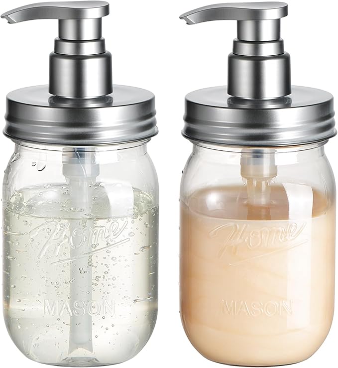 Amolliar Plastic Mason Jar Soap Dispenser with Pump Lid,16OZ Refillable BPA-Free Hand Soap Dispenser Set with Cute Lables, Farmhouse Decor for Kitchen Bathroom, Liquid Soap, Dish Soap (2 Pack, Silver) by Amolliar