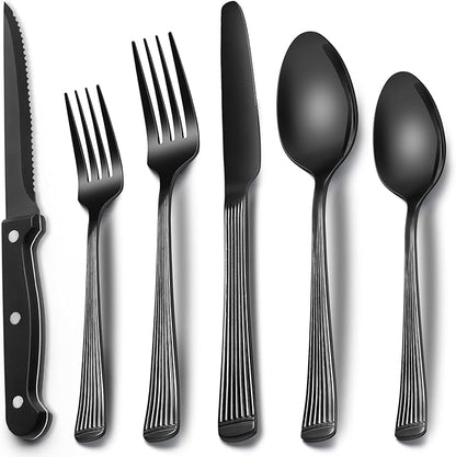 EWFEN 24-Piece Black Silverware Set with Steak Knives, Black Flatware Set for 4, Food-Grade Stainless Steel Tableware Cutlery Set, Mirror Finished Utensil Sets for Home Restaurant, Roman Column by EWFEN