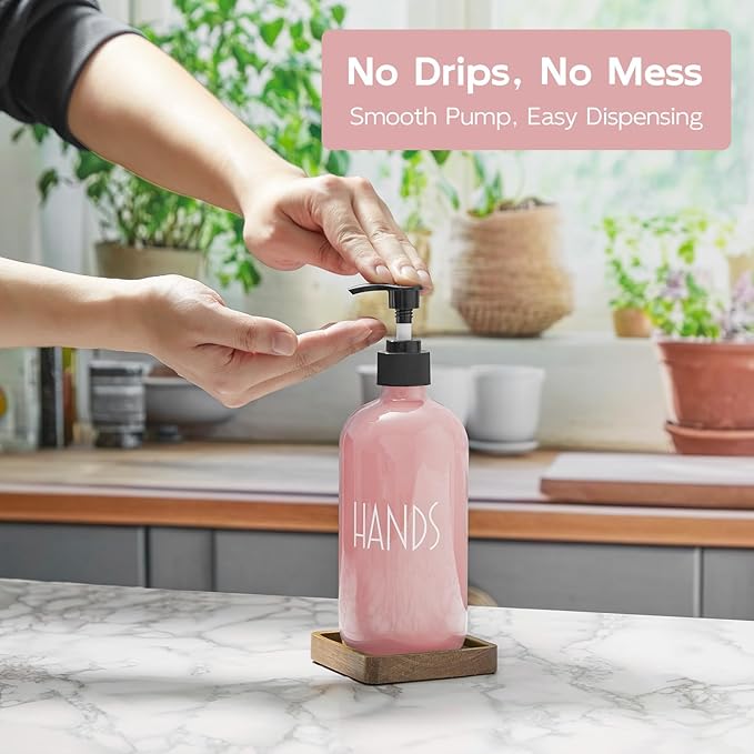 Pink Glass Hand Soap Dispenser with Acacia Wood Tray, 16 oz Refillable Hand Soap Pump Bottle, Decorative Countertop Soap Dispenser Set for Kitchen, Bathroom, Restaurant - Image 5