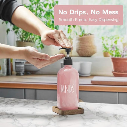 Pink Glass Hand Soap Dispenser with Acacia Wood Tray, 16 oz Refillable Hand Soap Pump Bottle, Decorative Countertop Soap Dispenser Set for Kitchen, Bathroom, Restaurant - Image 5