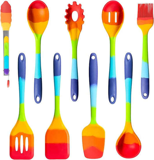 9-Piece Rainbow Silicone Spatula Set with Tongs – Multicolor Heat-Resistant Cooking Utensils for Nonstick Cookware – Flexible Turner, Spoon, Spatula, Brush, FDA Safe