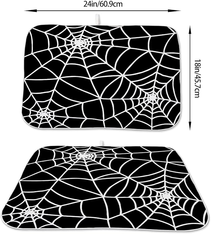 Halloween Spiderweb Dish Drying Mat 18 x 24 inch Halloween Scary Themed Black White Spider Web Decorative Drying Mats Microfiber Absorbent Dish Washable Draining Mat for Kitchen Counter