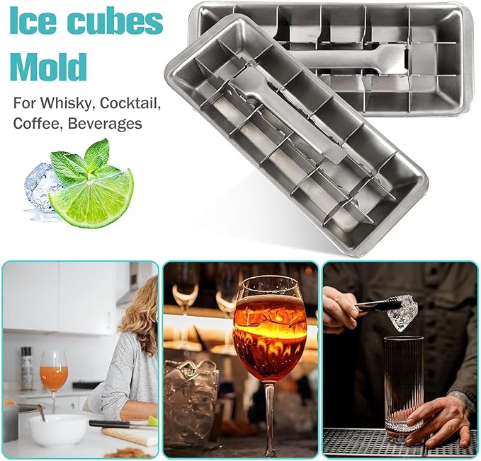 Stainless Steel & Metal Ice Cube Trays with Handle - 18-Slot Small Ice Cube Mold for Freezer, Detachable Dishwasher-Safe Ice Trays for Bars Kitchens