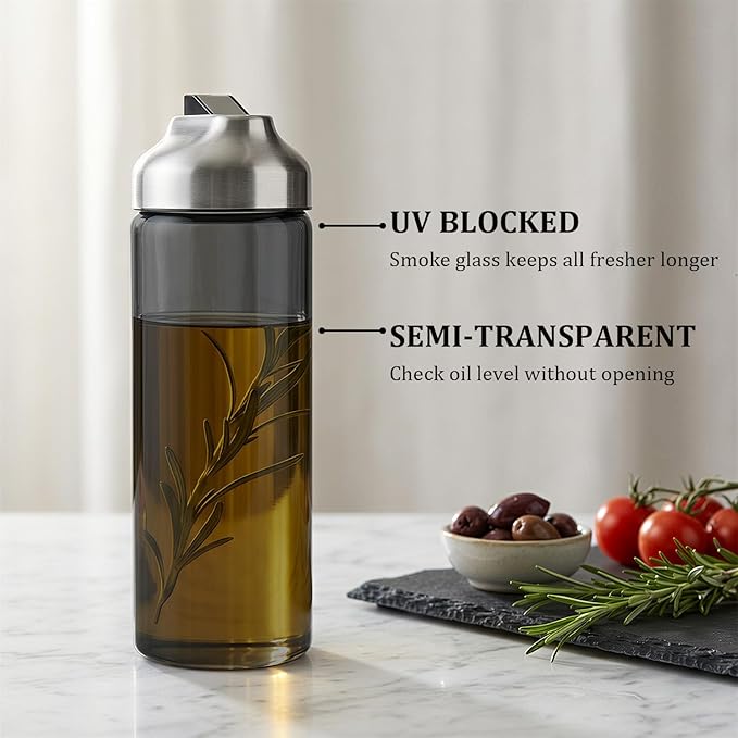 Aelga Olive Oil Dispenser Bottle for Kitchen, 14oz Dark Glass Vinegar Dispenser, Auto Flip Lid, UV-Protected Oil Cruet with Drip-Free Pour Spout - Image 2