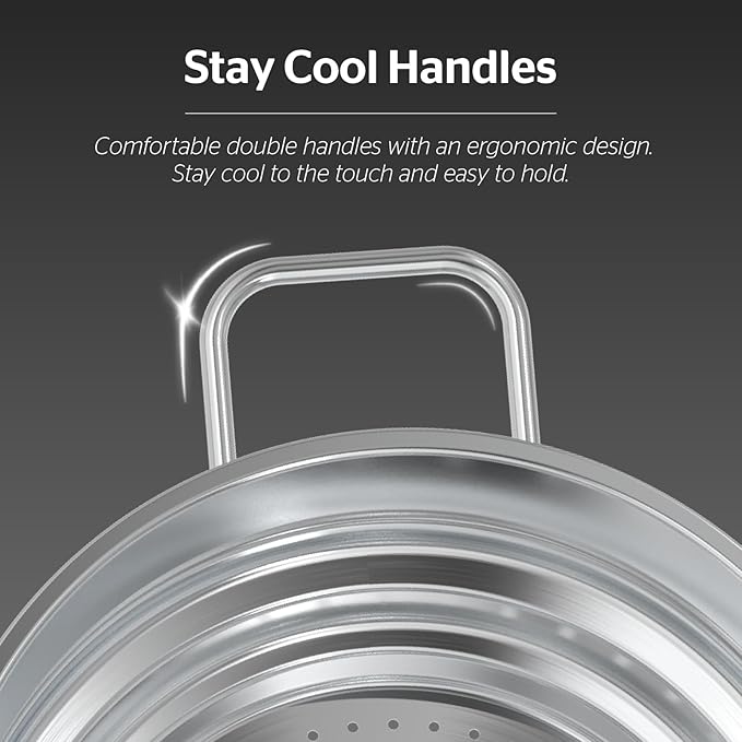 SUNHOUSE 5 Quart Stainless Steel Steamer Insert – Multi-Purpose Soup & Food Steamer with Stay-Cool Handles & Heavy-Duty Glass Lid – Fits Various Pot Sizes (8", 8.5", 9.5") - Image 5
