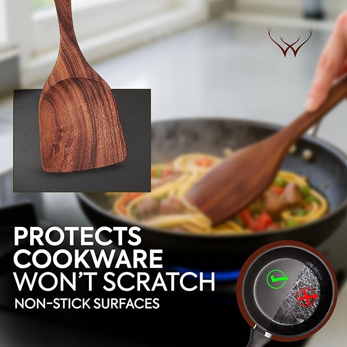 7 Pcs Teak Wooden Kitchen Utensils – Handcrafted Wooden Cooking Utensils Set with Holder, Elegant Wooden Spoons for Cooking & Timeless Utensil Set for Daily Use - Teak Utensils Set for Cooking - Image 5