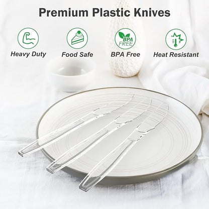 Dealusy 100 Count Extra Heavy Duty Clear Plastic Knives Disposable, BPA-Free, Heat Resistant, Solid and Durable Disposable Knives Bulk, Premium Plastic Knives heavy duty for Party Supply