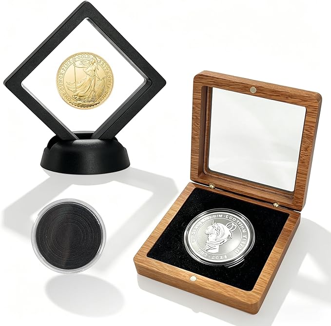 Silver Dollar Coin Holder – Single Coin Display Case Wooden Storage Box for 1.8” Coins, Clear Lid Showcase for Collectors, Medal & Commemorative Coin Display