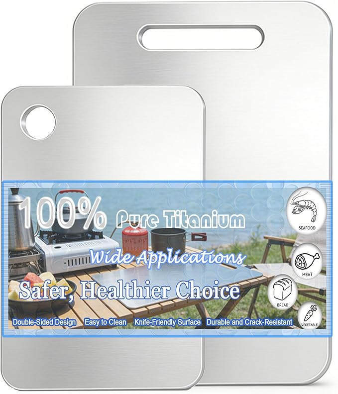 100% Pure Titanium Cutting Board Set of 2, Double-Sided Titanium Cutting Boards for Kitchen Dishwasher Safe, Camping Metal Charcuterie Chopping Board Mat for Meat, Fruit & Cheese (L+XL) by Unknown