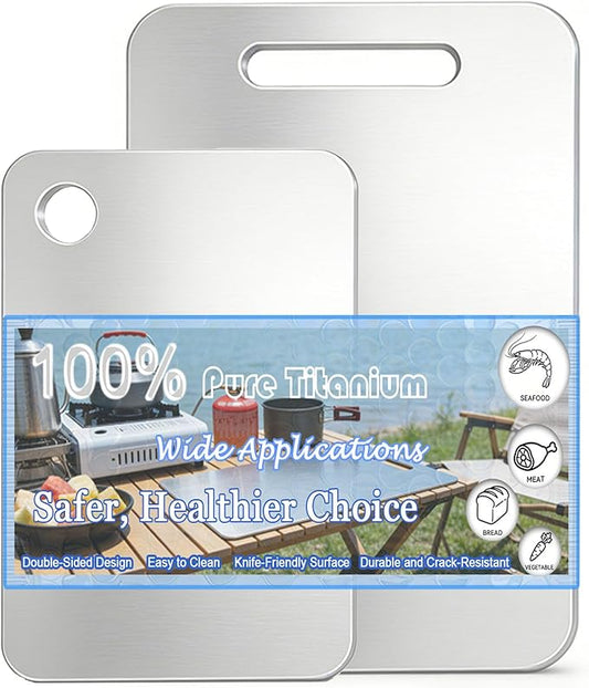 100% Pure Titanium Cutting Board Set of 2, Double-Sided Titanium Cutting Boards for Kitchen Dishwasher Safe, Camping Metal Charcuterie Chopping Board Mat for Meat, Fruit & Cheese (L+XL) by Unknown