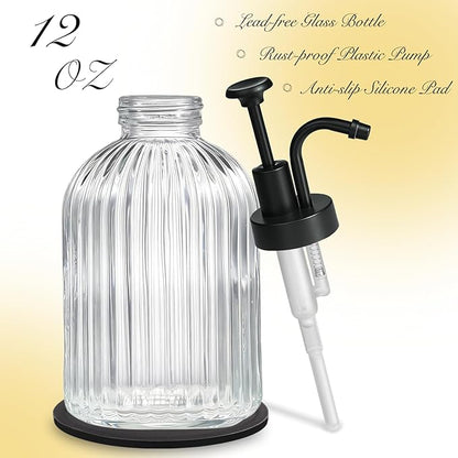 SheeChung Clear Glass Soap Dispenser, 12 Oz Liquid Hand Soap Dispenser with Pump, Refillable Lotion Dish Soap Dispenser for Kitchen, Stripes Shampoo Bottle, Bathroom Countertop (Black Pump, 1 Pack)