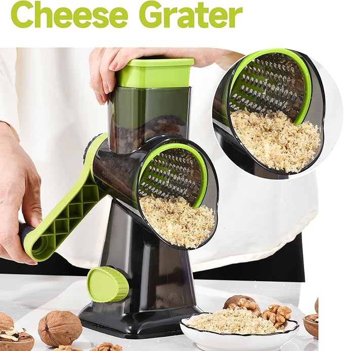 Rotary Cheese Grater with Handle Kitchen Shredder Slicer Grater Slicer Ice Shaver Cheese Vegetable Nuts Potato Zucchini Chocolate 3 Interchangeable Blades (Green TSP) - Image 7