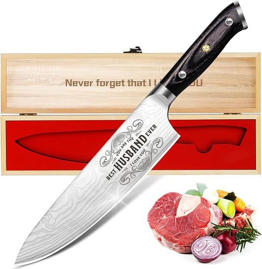 Funistree Gifts for Men Him Husband, 8 inch Professional German 1.4116 Chef Knife, Engraved Best Husband Ever Knife Gift, Easter Anniversary Birthday Gift for Men, Husband Him Gifts