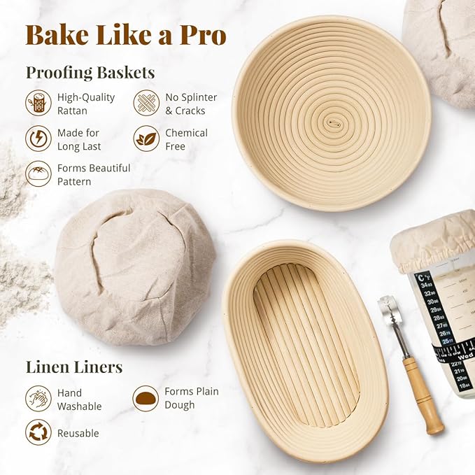 Sourdough Starter Kit, Banneton Bread Proofing Baskets Set, Sourdough Bread Baking Supplies Making Tools with Dough Scraper, Whisk, Bread Lame, Recipe - Image 2