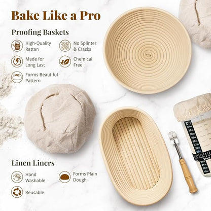 Sourdough Starter Kit, Banneton Bread Proofing Baskets Set, Sourdough Bread Baking Supplies Making Tools with Dough Scraper, Whisk, Bread Lame, Recipe - Image 2