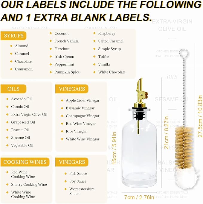 Olive Oil Dispenser Bottle for Kitchen - 350ml Glass Oil & Vinegar Cruet Set with Pour Spout (Set of 2) - Includes Cleaning Brush & Funnel - Leakproof Transparent Dispenser Bottles