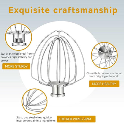 K45WW Whisk Attachment for 4.5 5 QT KitchenAid Tilt-Head Stand Mixer, 6 Wire Whip Compatible with Kitchen Aid accessories，Holeless Hub Design, 30% Faster Mixing, Dishwasher Safe